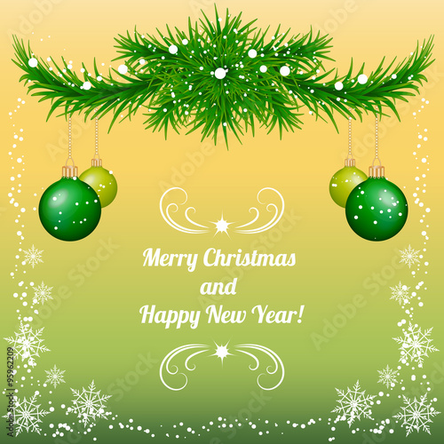 Christmas and New Year background with christmas tree, green baubles and snowflakes on green and yellow background. Merry Christmas and Happy New Year. Vector Eps10