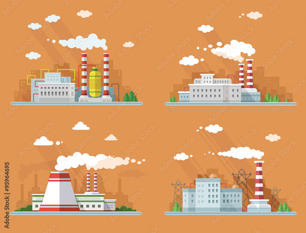 Naklejka premium Industrial landscape set. The nuclear power plant and factory on