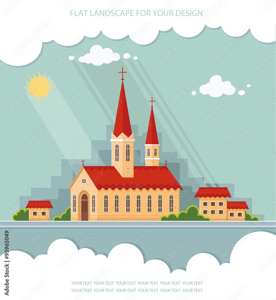 Landscape church on the background of the city. Flat vector illu