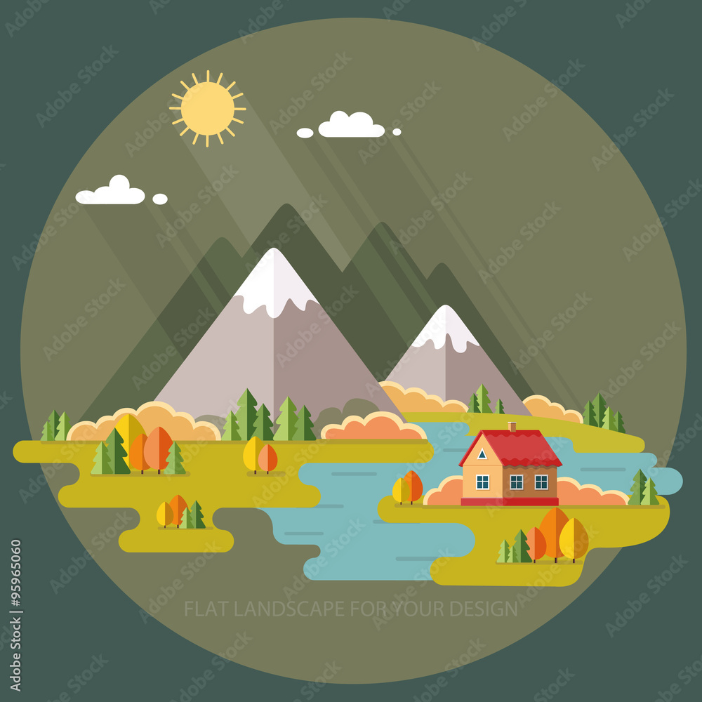 Naklejka premium Autumn landscape. Vacation home on a background of mountains. Ve