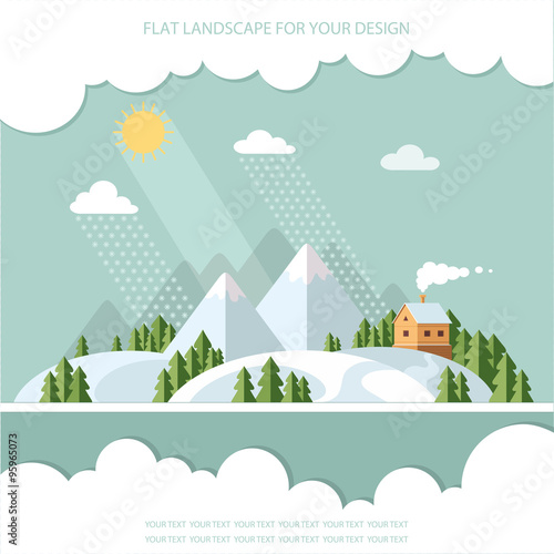 Winter landscape mountains snow-capped hills. flat vector illust