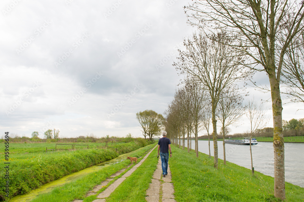 man with dog in Dutch landscape man with dog in Dutch landscape