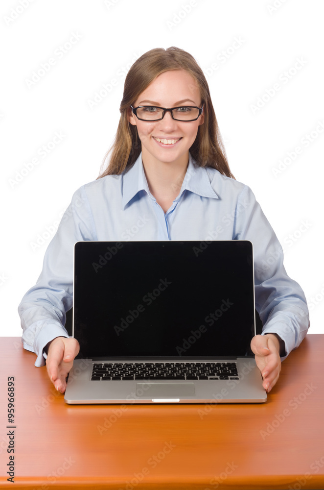 Office employee with laptop isolated on white Office employee with laptop isolated on white