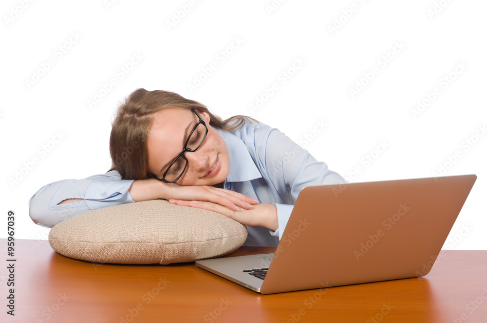 Office employee at work table isolated on white Office employee at work table isolated on white