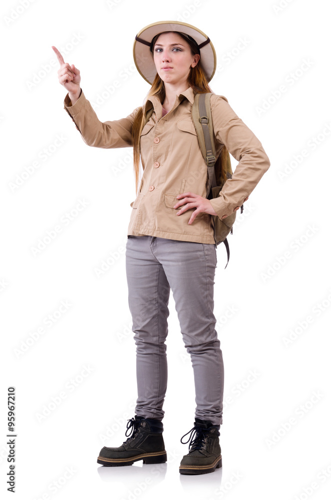 Woman wearing safari hat on white Woman wearing safari hat on white
