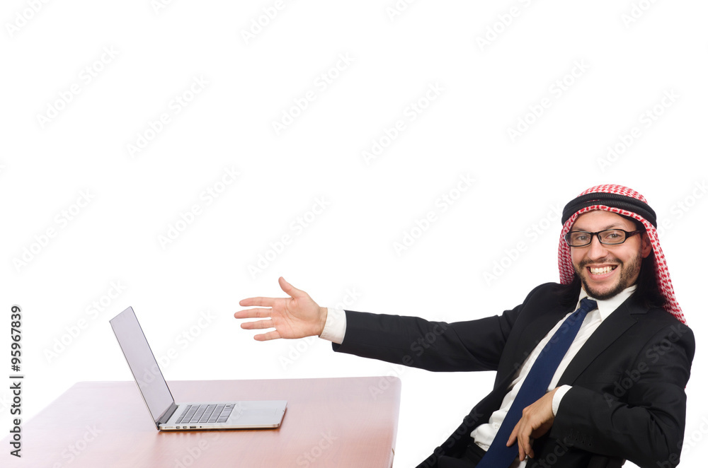 Arab businessman with computer on white Arab businessman with computer on white