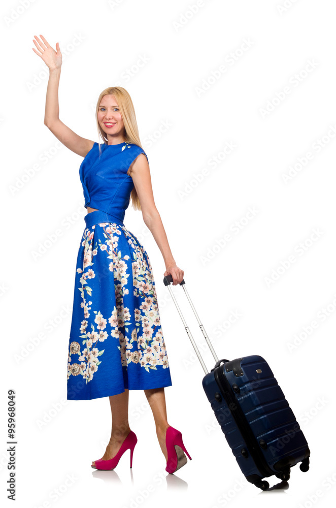 Woman with suitcases on white Woman with suitcases on white