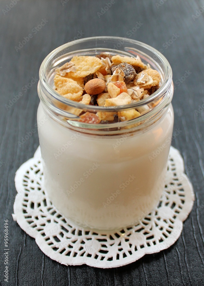 Natural fresh homemade yogurt from cow's milk handmade with probiotic bacteria, with muesli sunflower seeds, candied fruits, dried fruits, nuts
Natural fresh homemade yogurt from cow's milk handmade with probiotic bacteria, with muesli sunflower seeds, candied fruits, dried fruits, nuts
