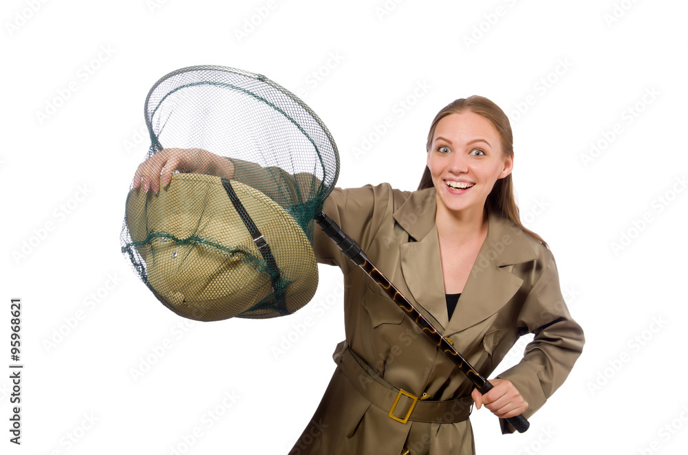 Woman wearing safari hat on white Woman wearing safari hat on white