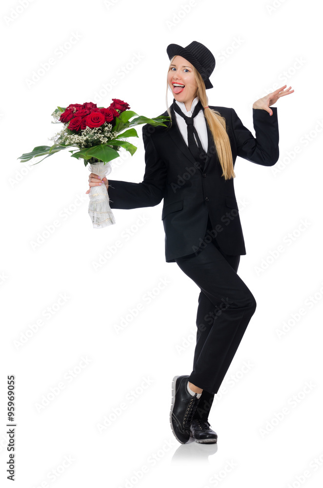 Woman with bunch of roses isolated on white Woman with bunch of roses isolated on white