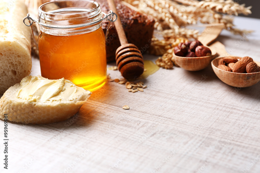 Healthy breakfast with bread, honey, nuts. Country breakfast concept Healthy breakfast with bread, honey, nuts. Country breakfast concept