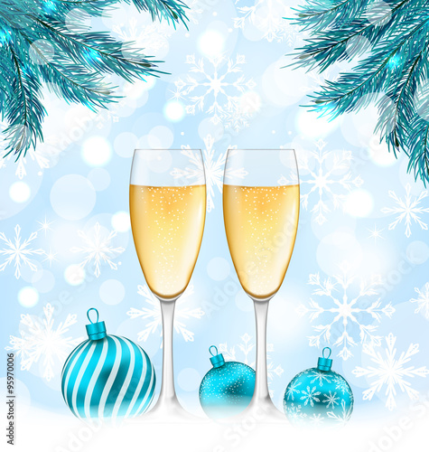 Merry Christmas Background with Glasses of Champagne