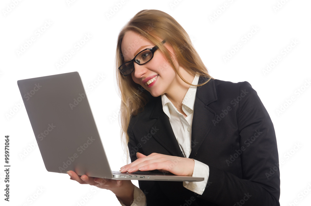 Pretty office employee with laptop isolated on white Pretty office employee with laptop isolated on white
