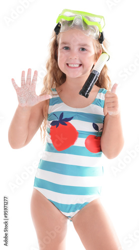 Happy little girl in blue s...