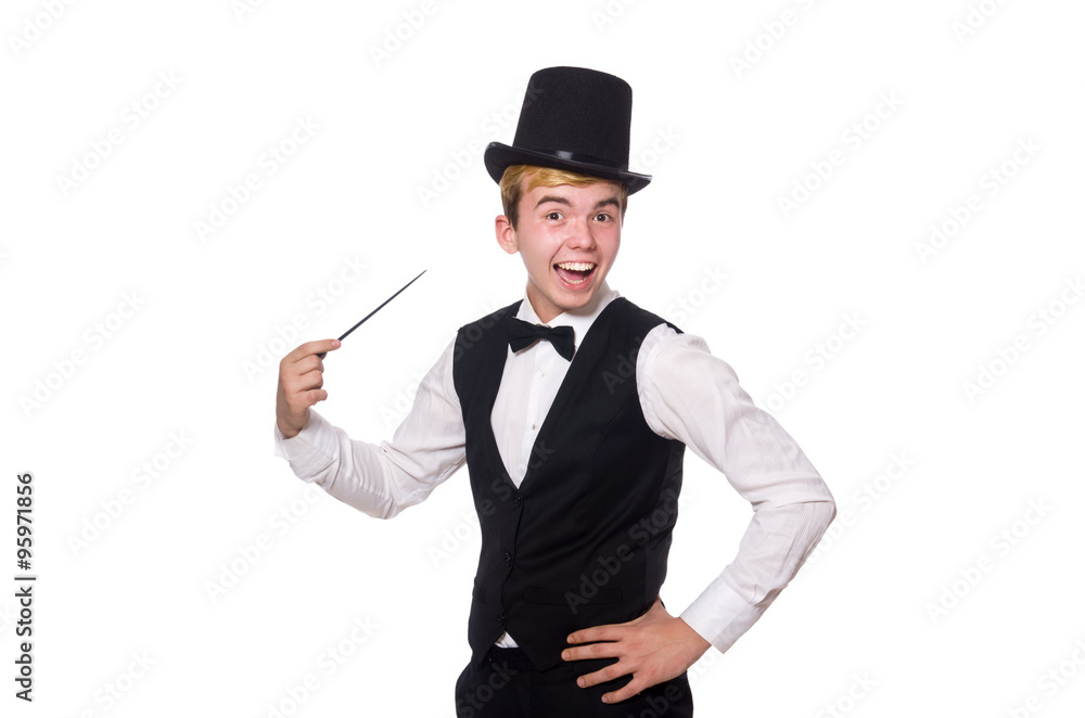 Magician with magic stick isolated on white Magician with magic stick isolated on white