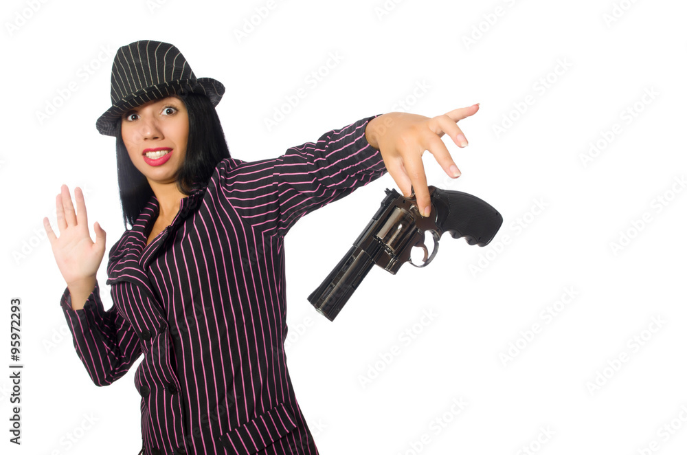 Gangster woman with gun isolated on white Gangster woman with gun isolated on white