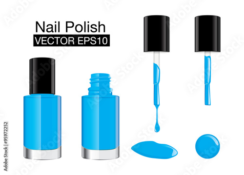 Blue nail polish in glass bottle open lid and closed and color blot of nail polish.