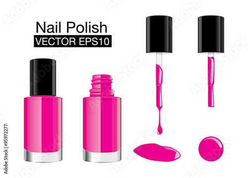Pink nail polish in glass bottle open lid and closed and color blot of nail polish.
