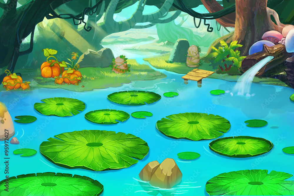 Illustration: The Sleeping Pond in the Forgotten Forest. Realistic  Fantastic Cartoon Style Scene / Wallpaper / Background Design. Stock  Illustration | Adobe Stock
