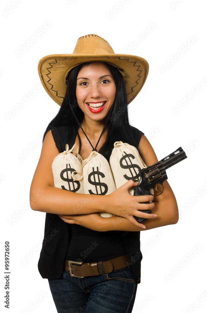 Young woman with gun and money sacks Young woman with gun and money sacks