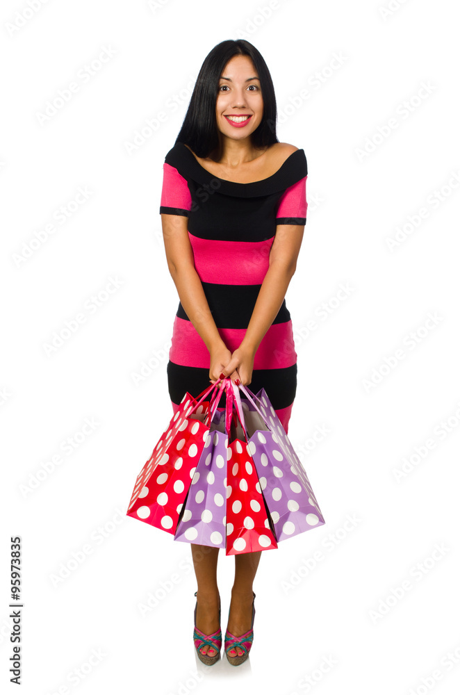 Woman in christmas shopping concept on white