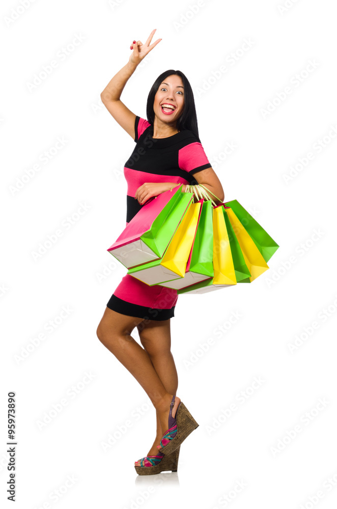 Woman in christmas shopping concept on white Woman in christmas shopping concept on white