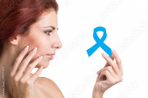 Woman with blue ribbon symbol female health