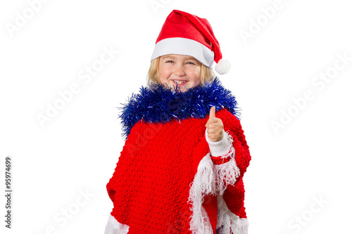  little girl in a hat Santa Claus on white background.