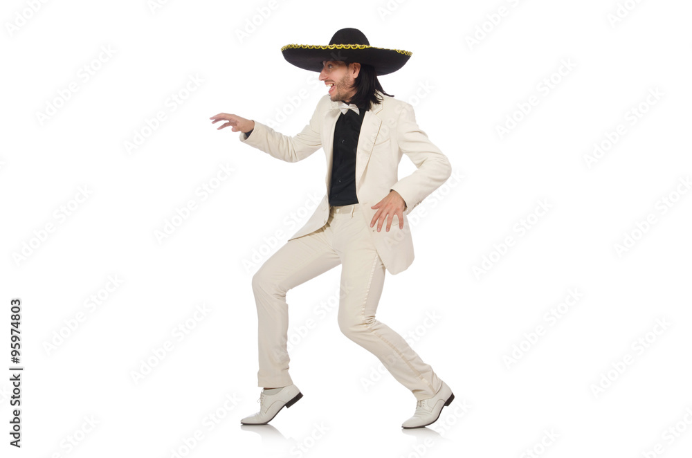 Funny mexican in suit and sombrero isolated on white