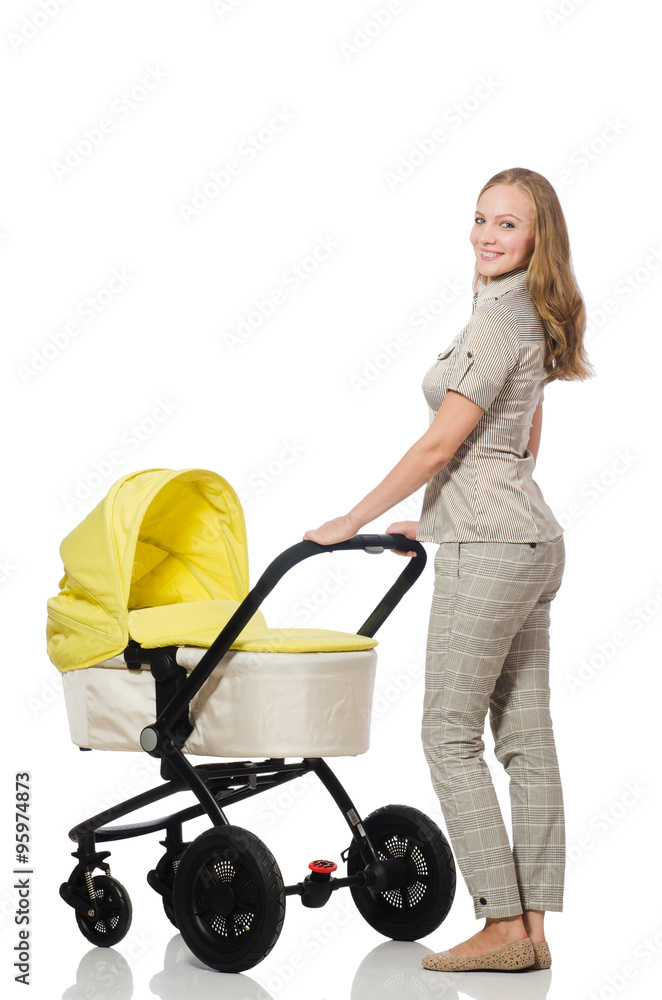 Woman with baby and pram isolated on white Woman with baby and pram isolated on white