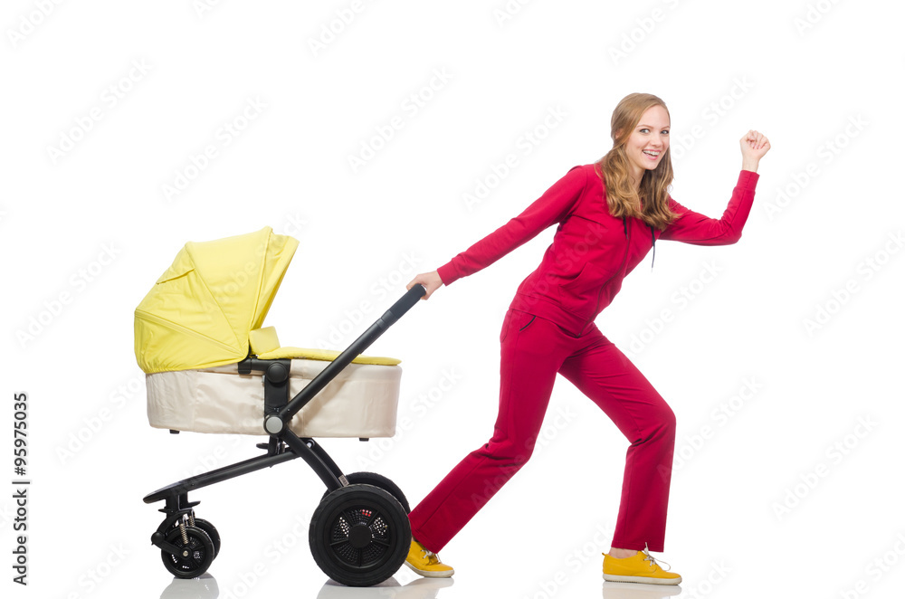 Woman with pram isolated on white Woman with pram isolated on white