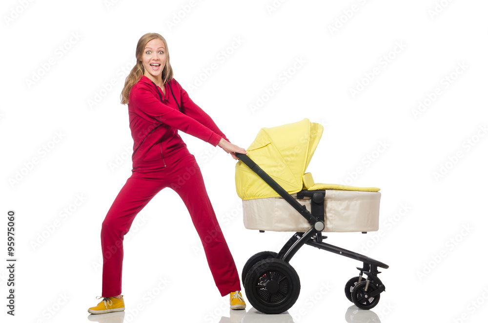 Woman with pram isolated on white Woman with pram isolated on white