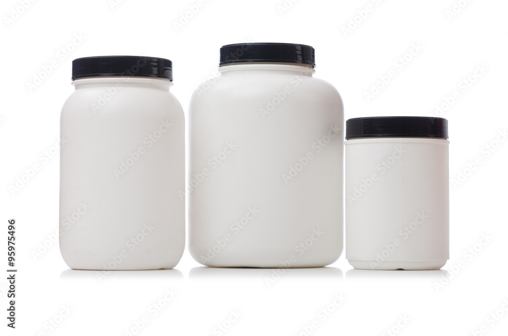 Jars with food additive protein isolated on white Jars with food additive protein isolated on white