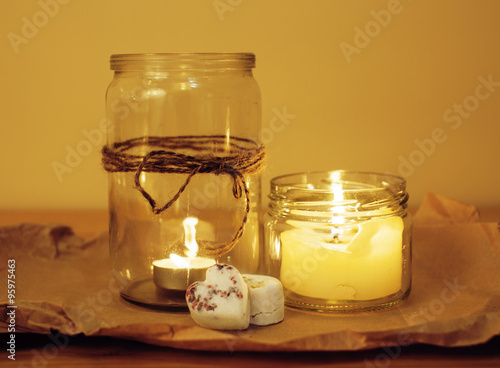 candles in glass burning romantic celecration concept photo