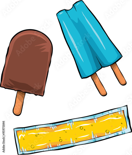A set of three delicious and sweet frozen treat popsicles. photo
