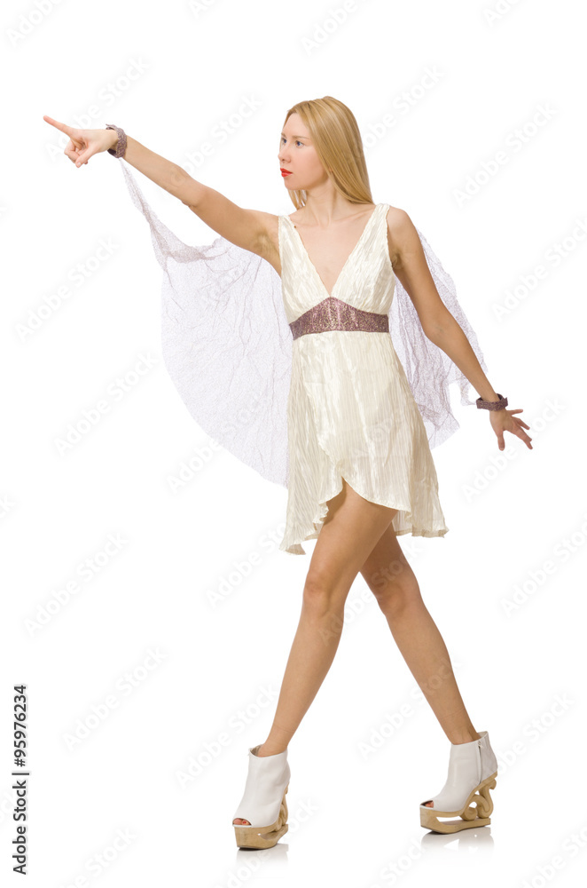 Woman wearing white dress isolated on white Woman wearing white dress isolated on white