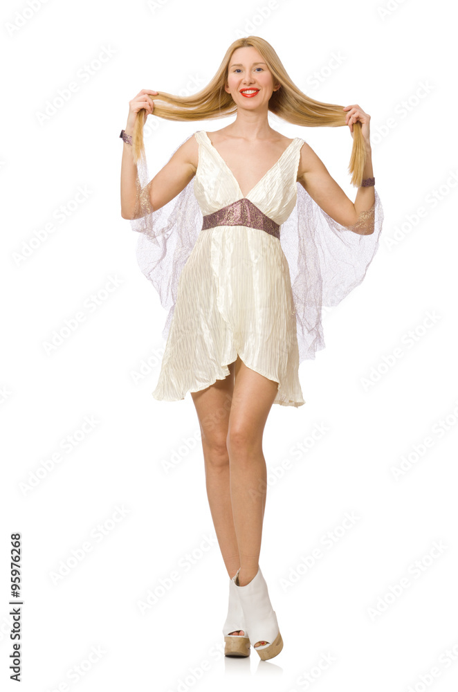 Naklejka premium Woman wearing white dress isolated on white