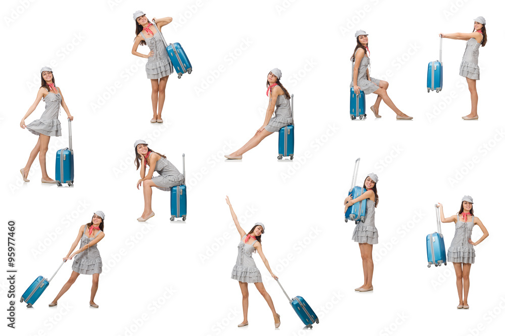 Fototapeta premium Travelling woman with suitcase isolated on white
