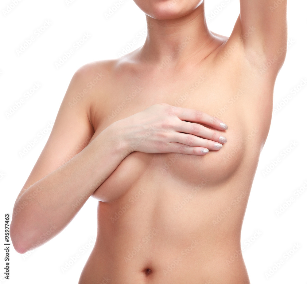 Female controlling breast for cancer, isolated on white Female controlling breast for cancer, isolated on white