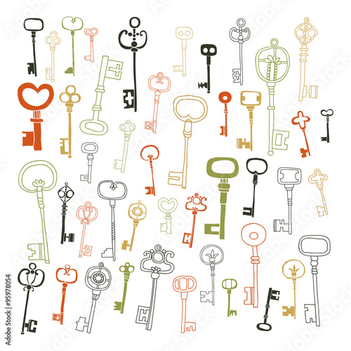 Decorative vintage keys, doodles, set of antique keys