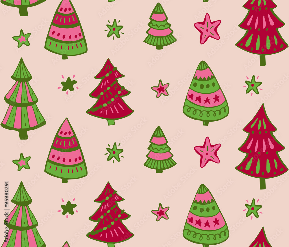 Seamless  pattern with hand drawn Christmas elements: Xmas trees