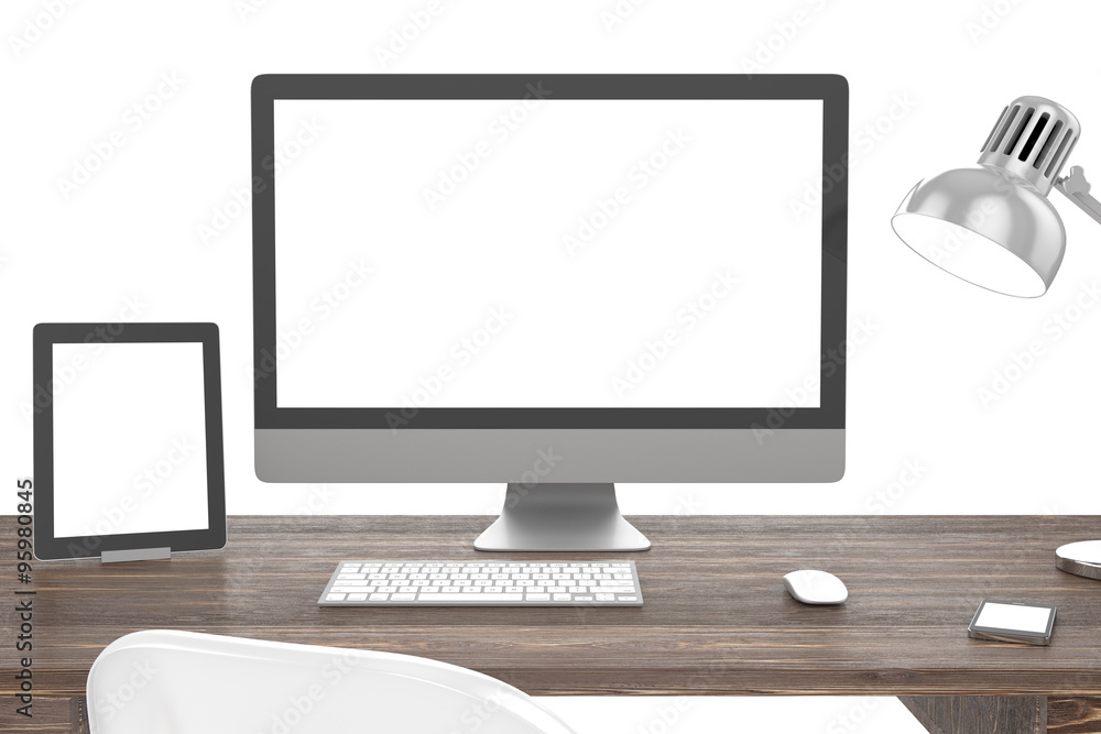 Fototapeta premium 3D illustration PC screen on table in office, Workspace