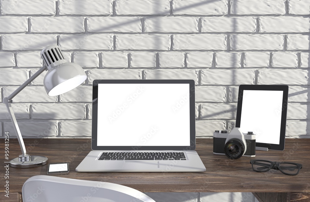 Fototapeta premium 3D illustration laptop and work stuff on table near brick wall, Workspace