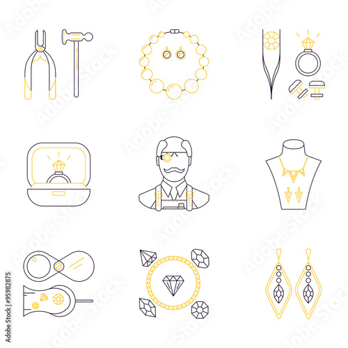 Set of jeweler profession linear icons. Vector concept of jewelry, handmade accessories, luxury items. Modern thin line style.