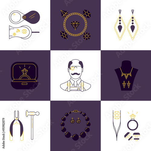 Set of jeweler profession linear icons. Vector concept of jewelry, handmade accessories, luxury items. Modern thin line style.