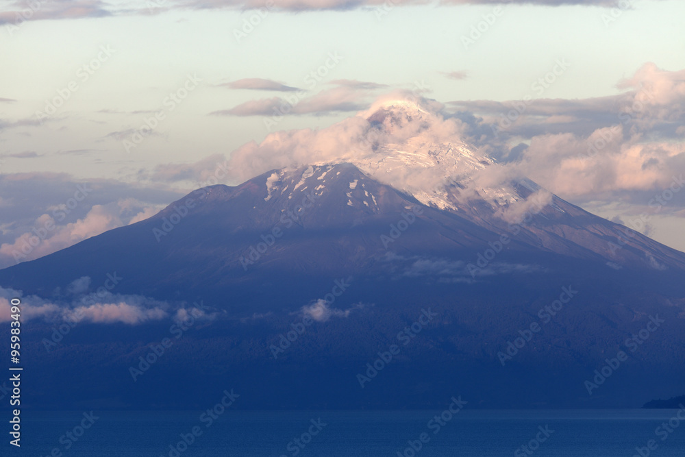 Osorno Volcano seen during the sunset from Puerto Varas