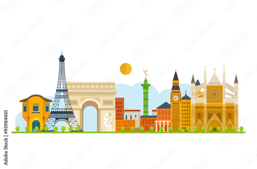 Travel to Europe. French and England landmarks.