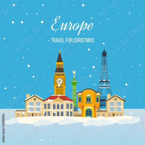 Travel to Europe for christmas. Merry Christmas greeting card design
