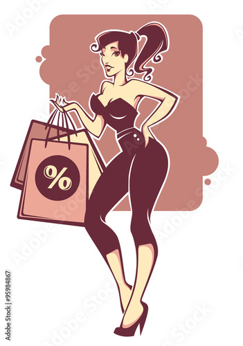 vector commercial illustration with girl image and shopping bags