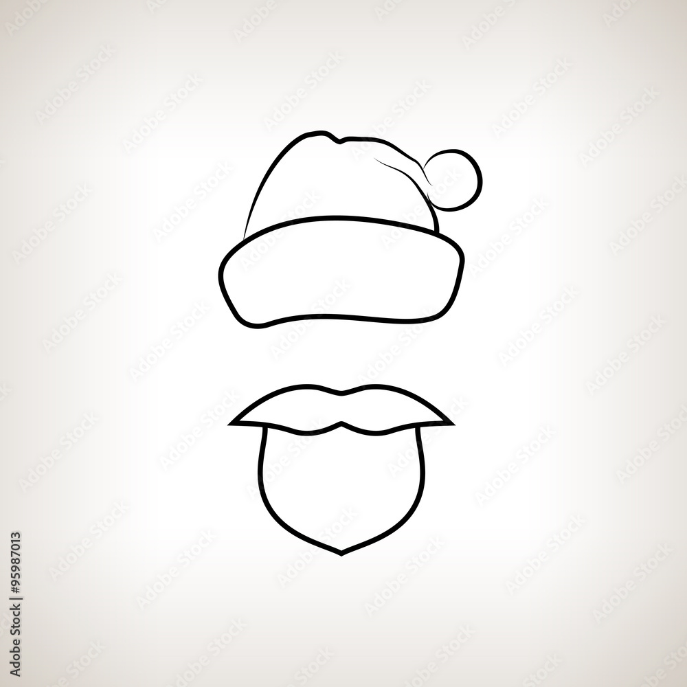 Santa Claus Face ,  Santa Claus  with a Beard, Mustache and Hat with Pompon without a Face,Christmas Decorations, Drawing in Linear Style , Black and White Vector Illustration